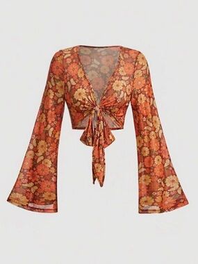 Floral Tie-Front Crop Top in Rust Orange